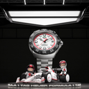 Racing-inspired men's watch with silver band, Formula 1 car, and two driver figurines